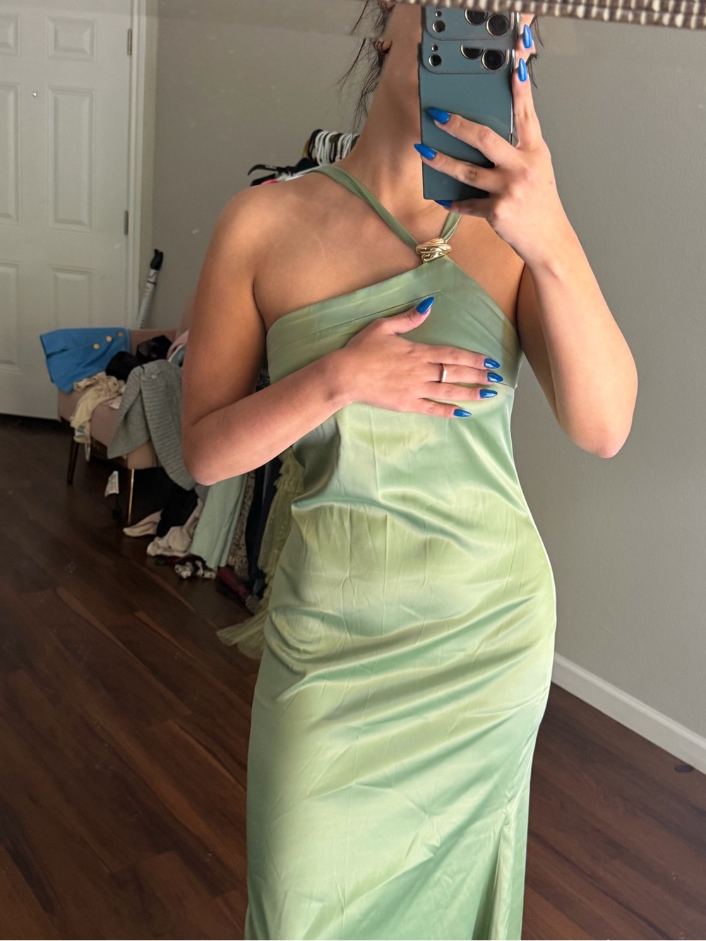 Cider One-Shoulder Satin Slip Dress in Sage Green